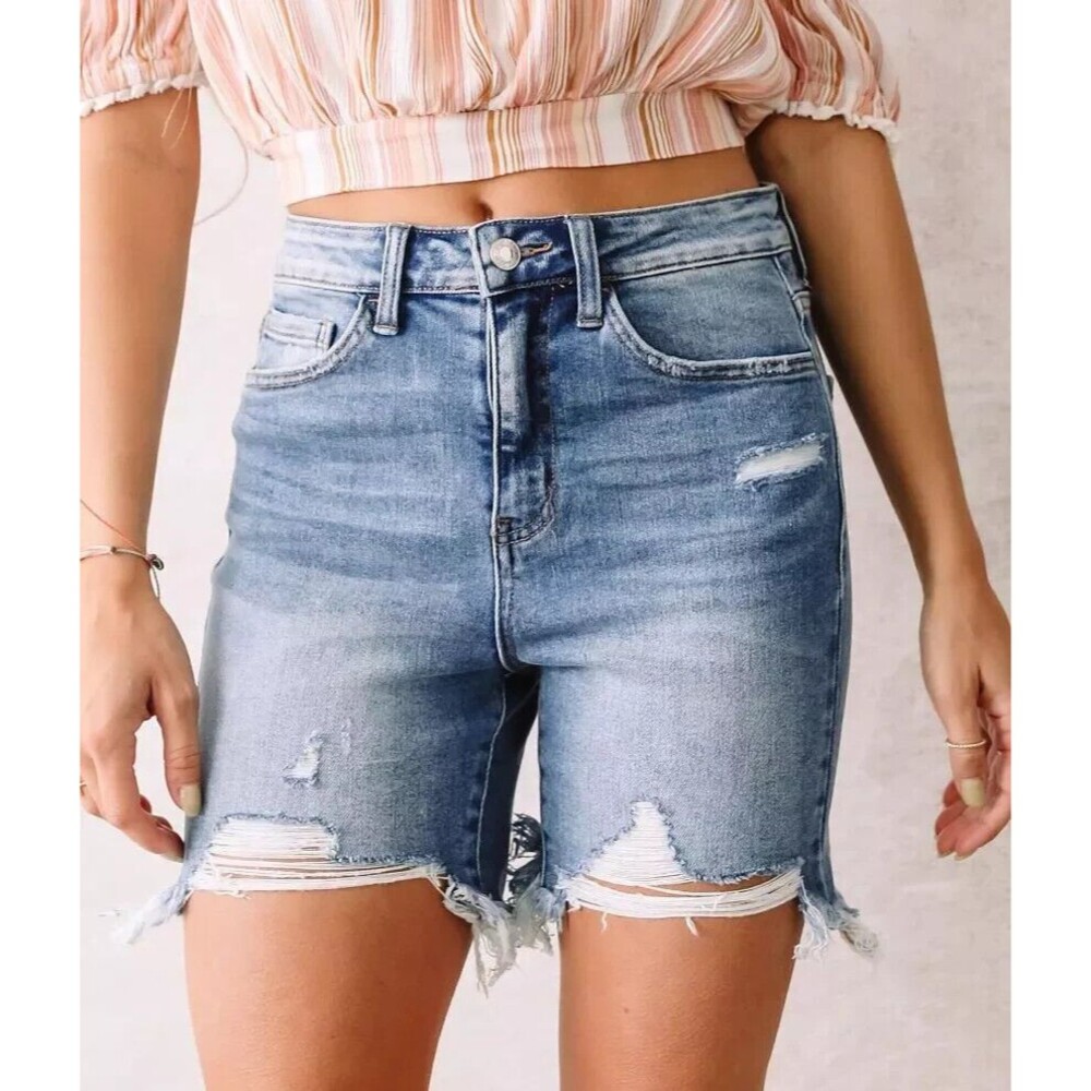 Vervet Denim Women's High Waist Distressed Bermuda Jeans Shorts Size XS V2176